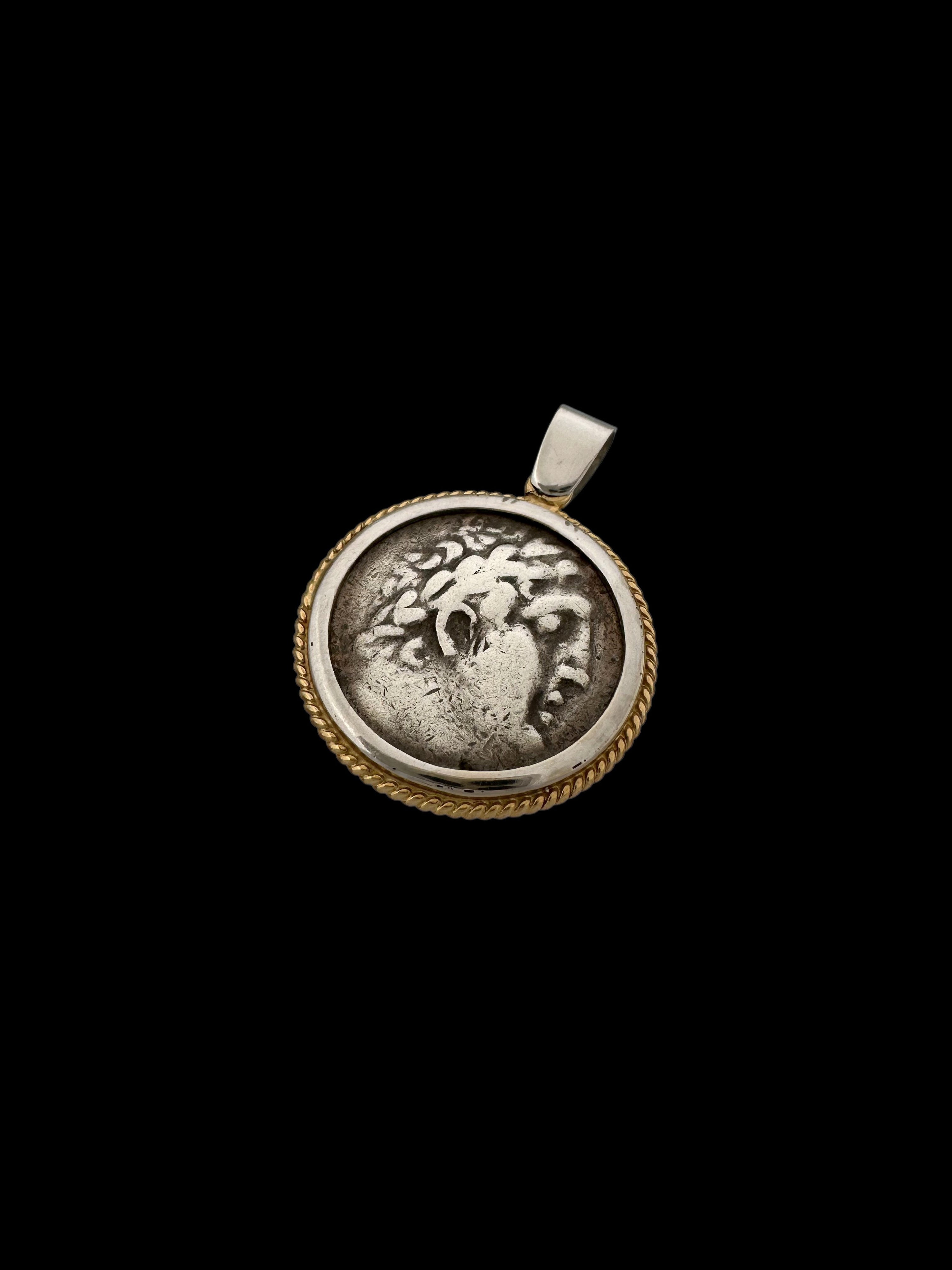 Ancient Shekel of Tyre Temple Tax Coin Set in 14K Two Tone Gold Pendant