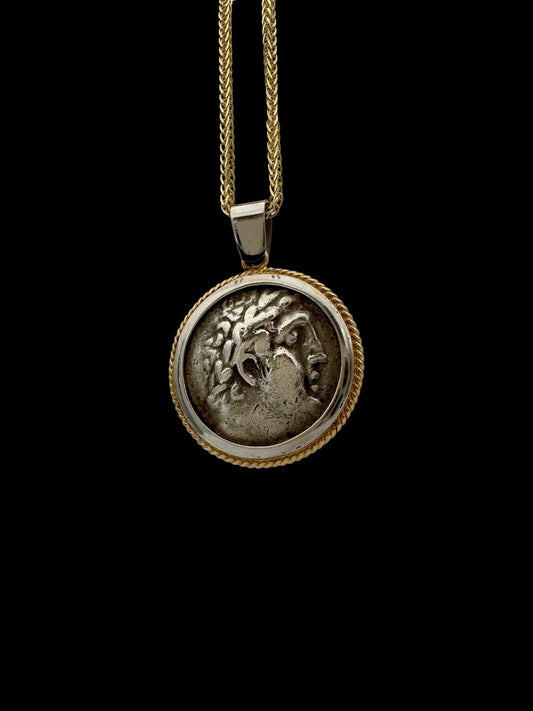 Ancient Shekel of Tyre Temple Tax Coin Set in 14K Two Tone Gold Pendant