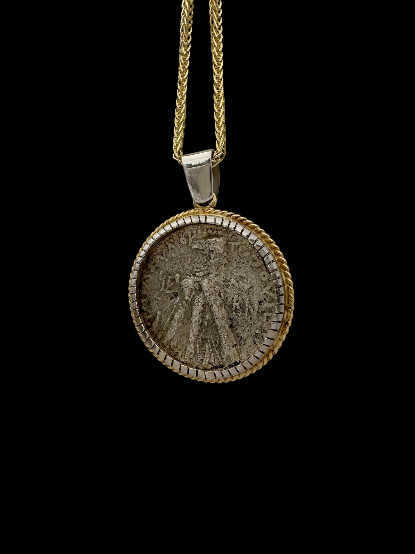 Ancient Shekel of Tyre Temple Tax Coin Set in 14K Two Tone Gold Pendant