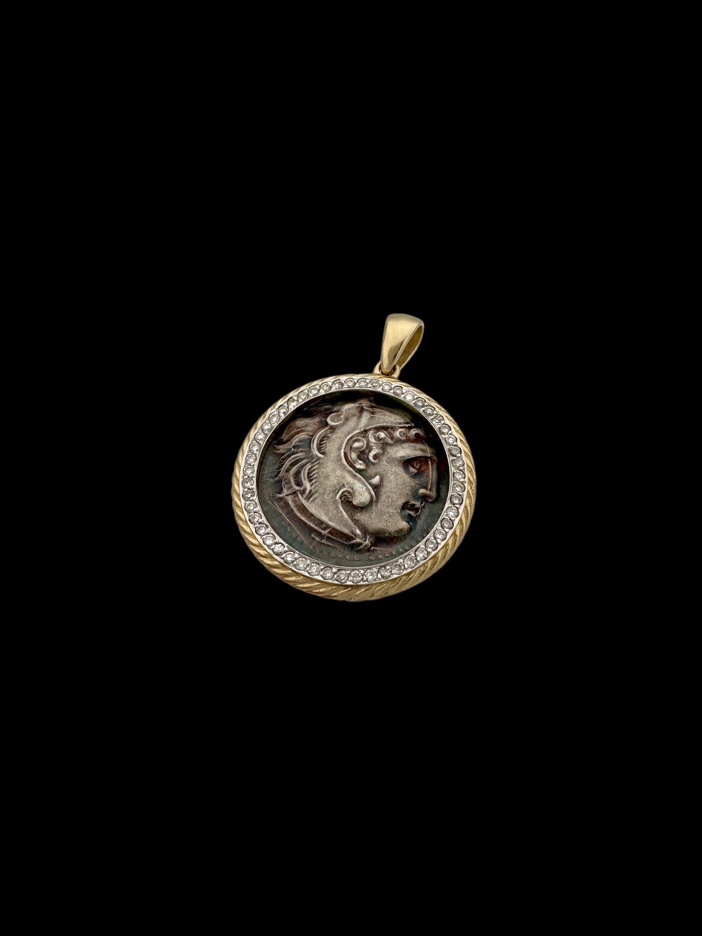 Ancient Alexander the Great Coin Set in 14K Gold & Diamond Pendant