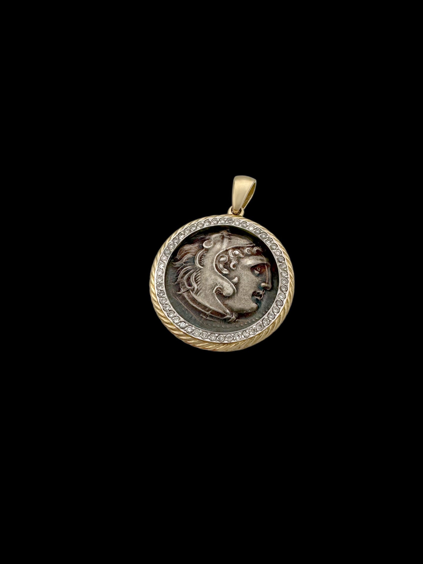 Ancient Alexander the Great Coin Set in 14K Gold & Diamond Pendant