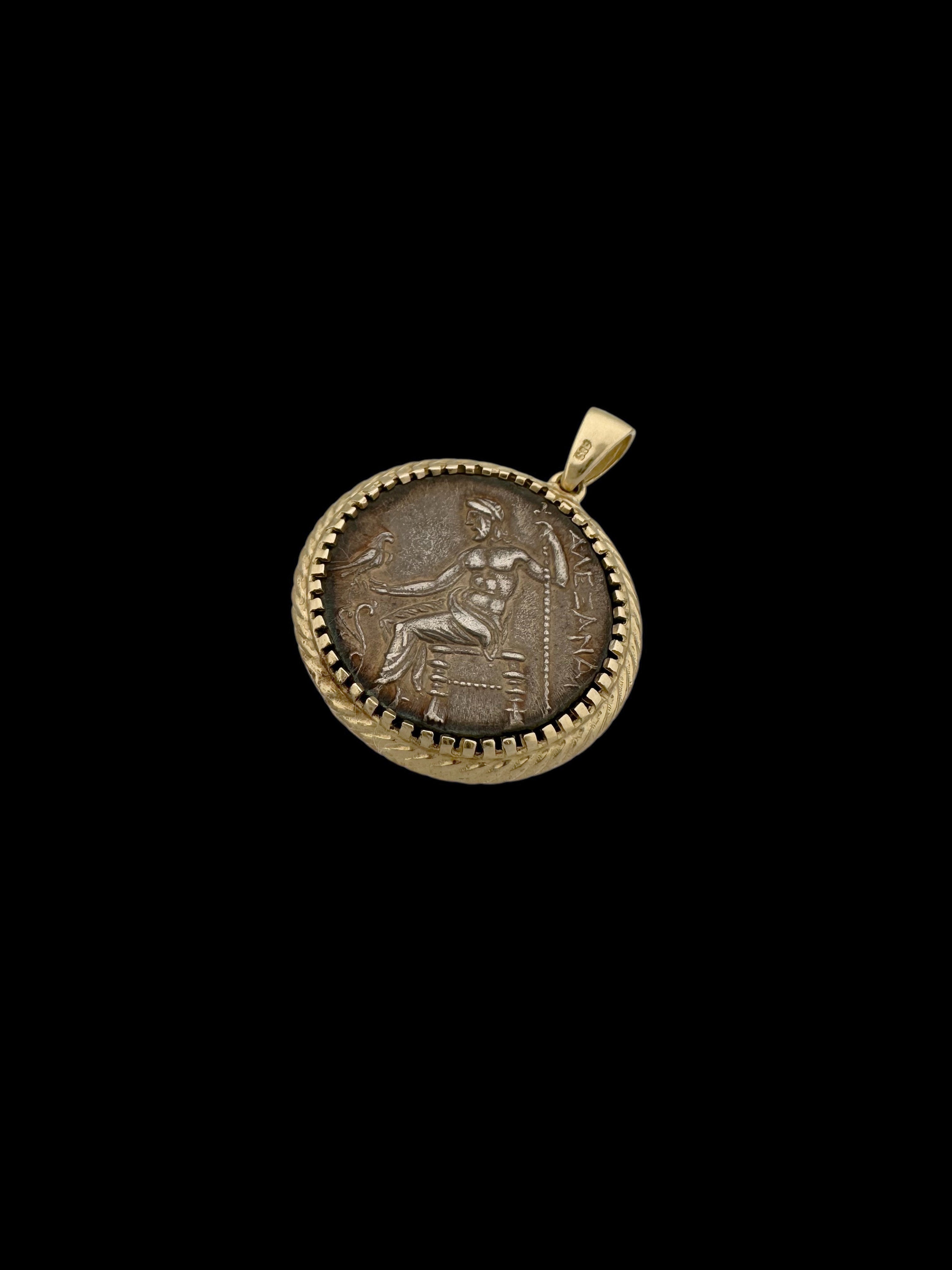 Ancient Alexander the Great Coin Set in 14K Gold & Diamond Pendant