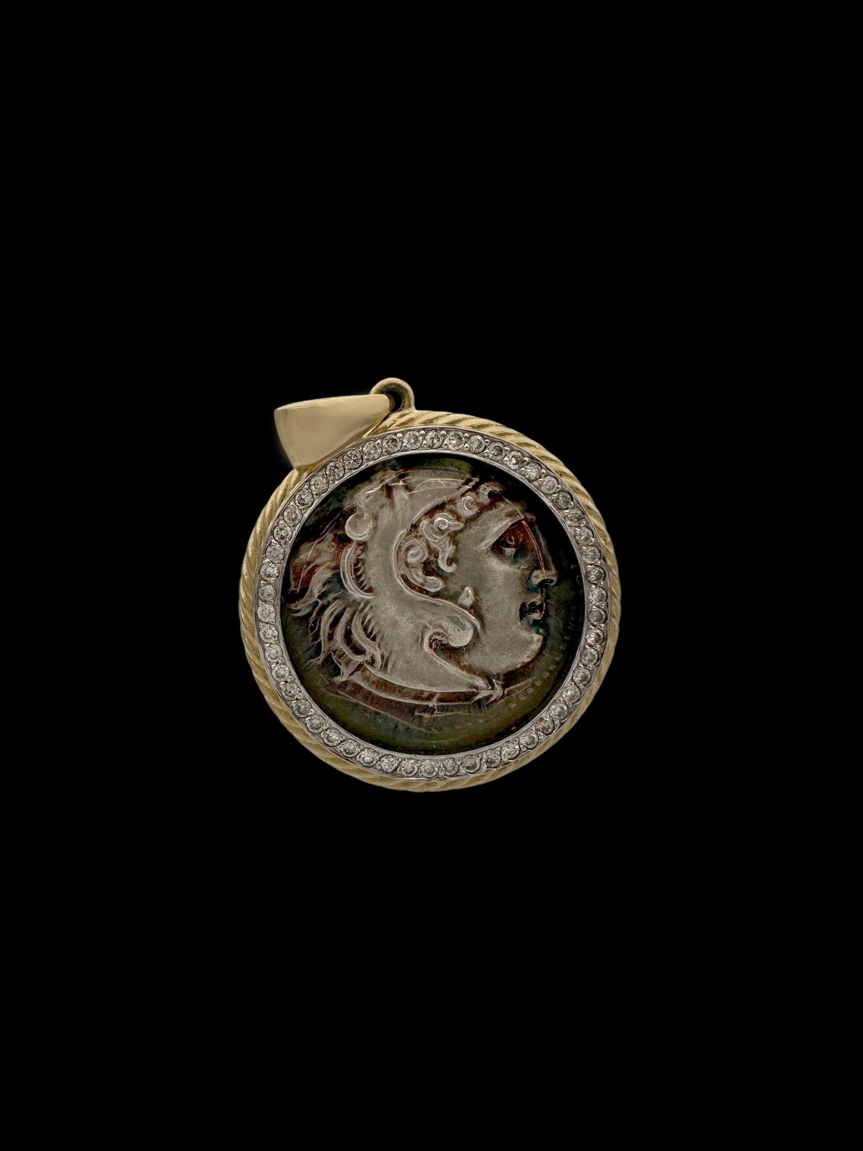 Ancient Alexander the Great Coin Set in 14K Gold & Diamond Pendant