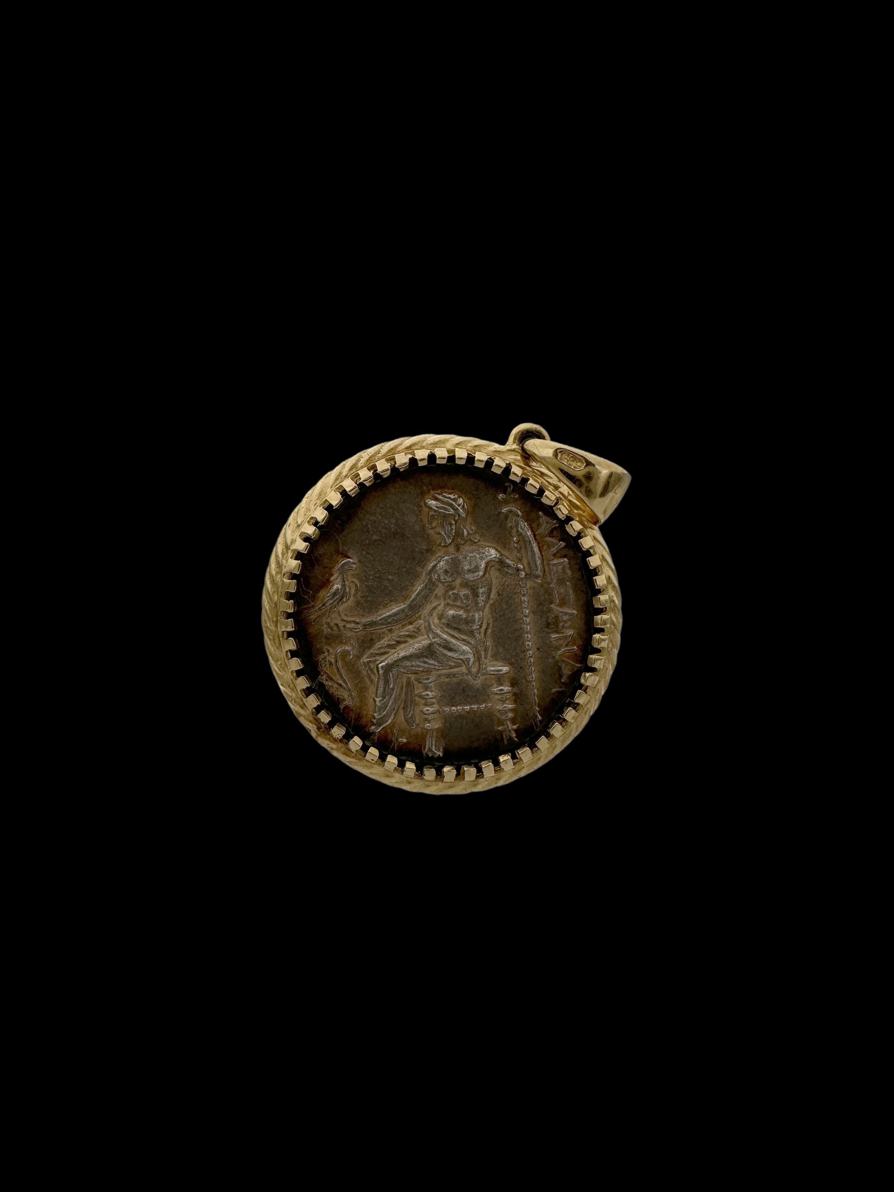 Ancient Alexander the Great Coin Set in 14K Gold & Diamond Pendant