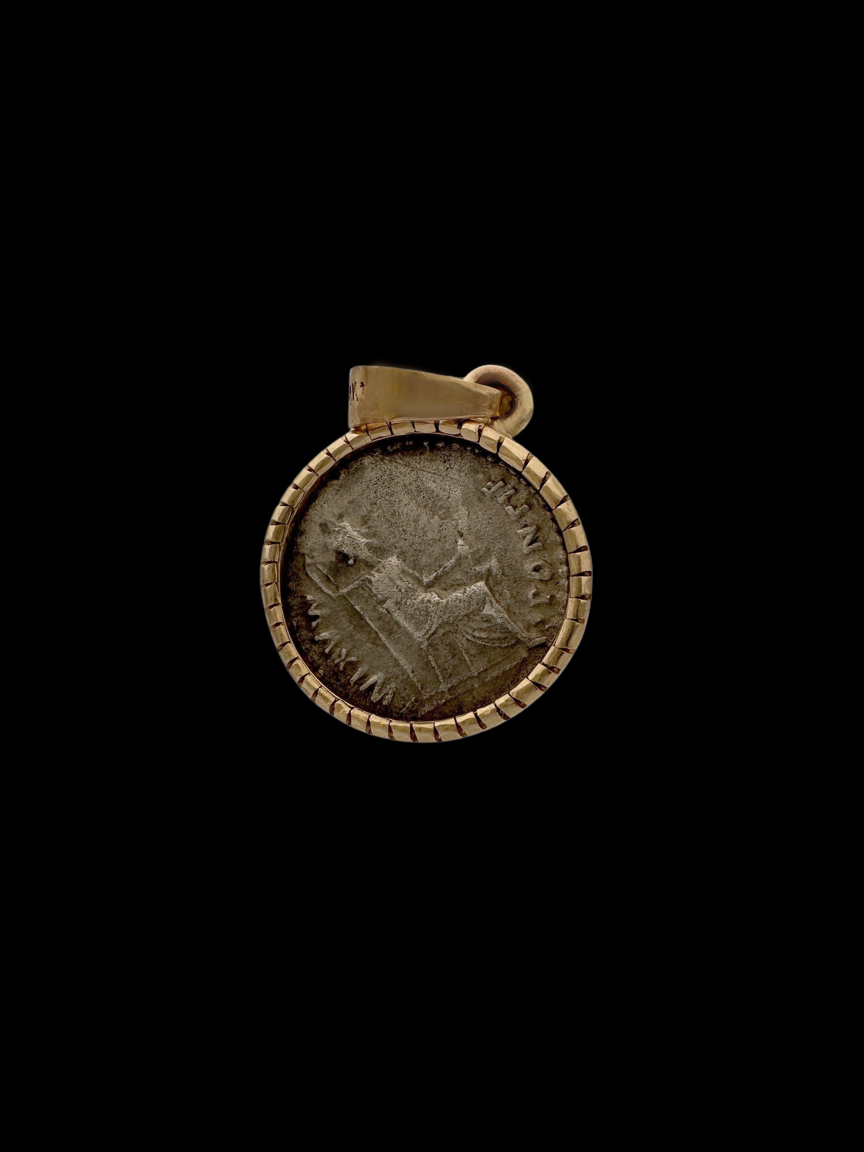 Ancient Silver Tiberius Denarius Tribute Penny Time of Jesus Coin Set in 14K Gold Pendant