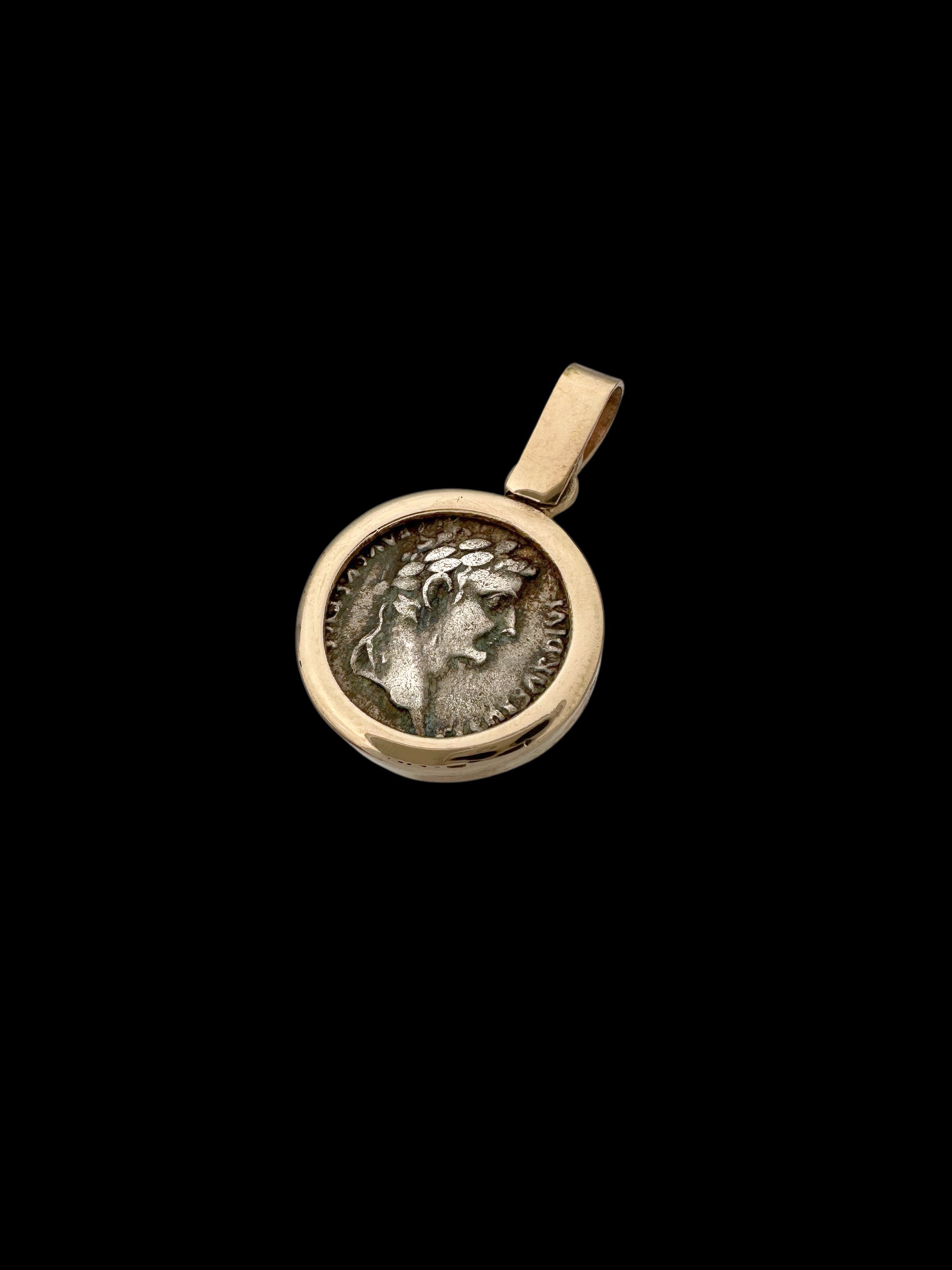 Ancient Silver Tiberius Denarius Tribute Penny Time of Jesus Coin Set in 14K Gold Pendant