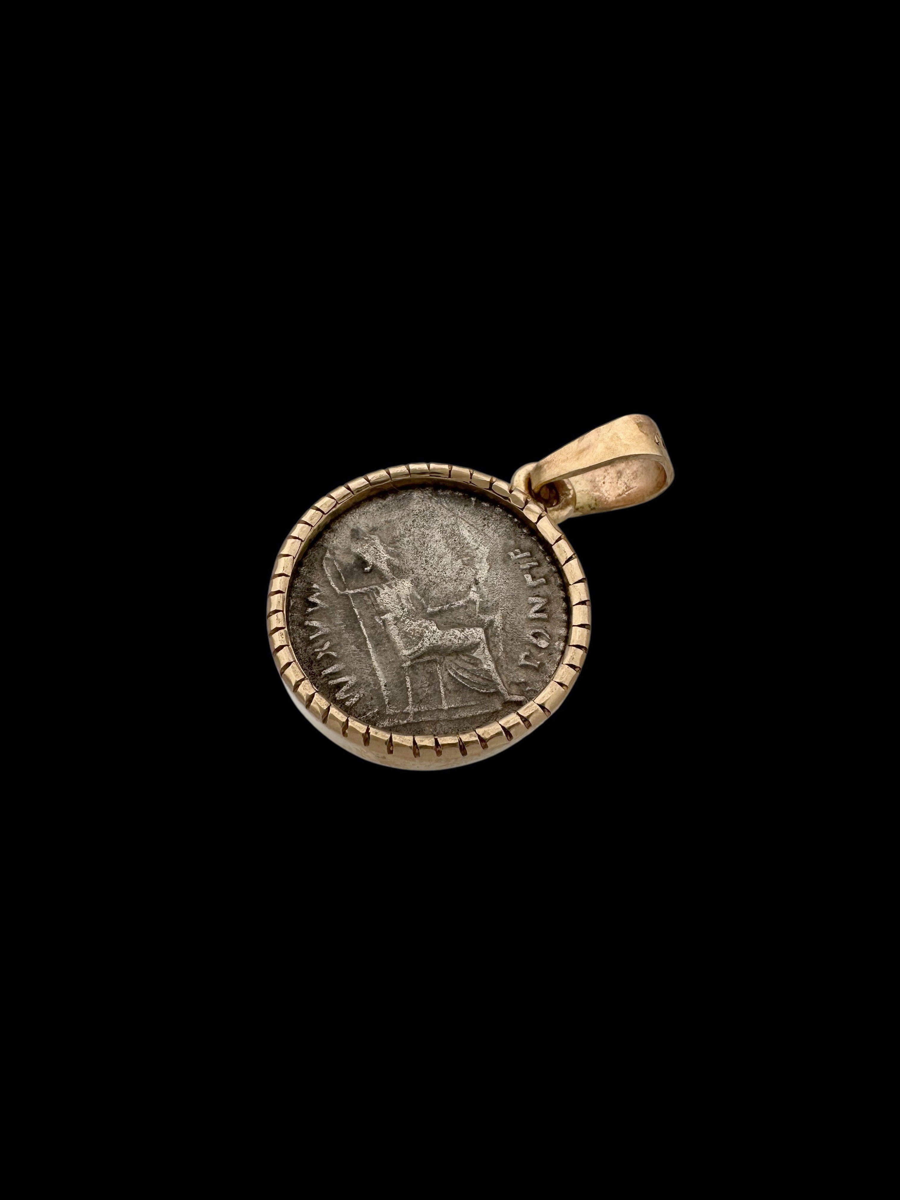 Ancient Silver Tiberius Denarius Tribute Penny Time of Jesus Coin Set in 14K Gold Pendant