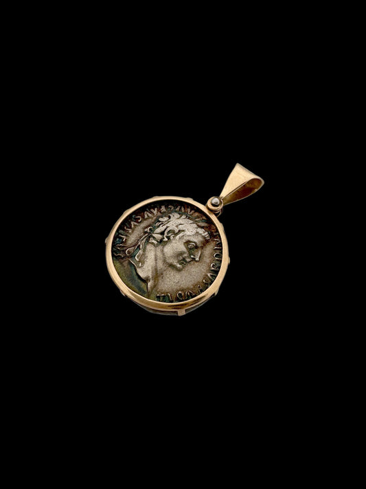 Ancient Silver Biblical Tribute Penny Denarius Coin Set in 14K Gold Pendant