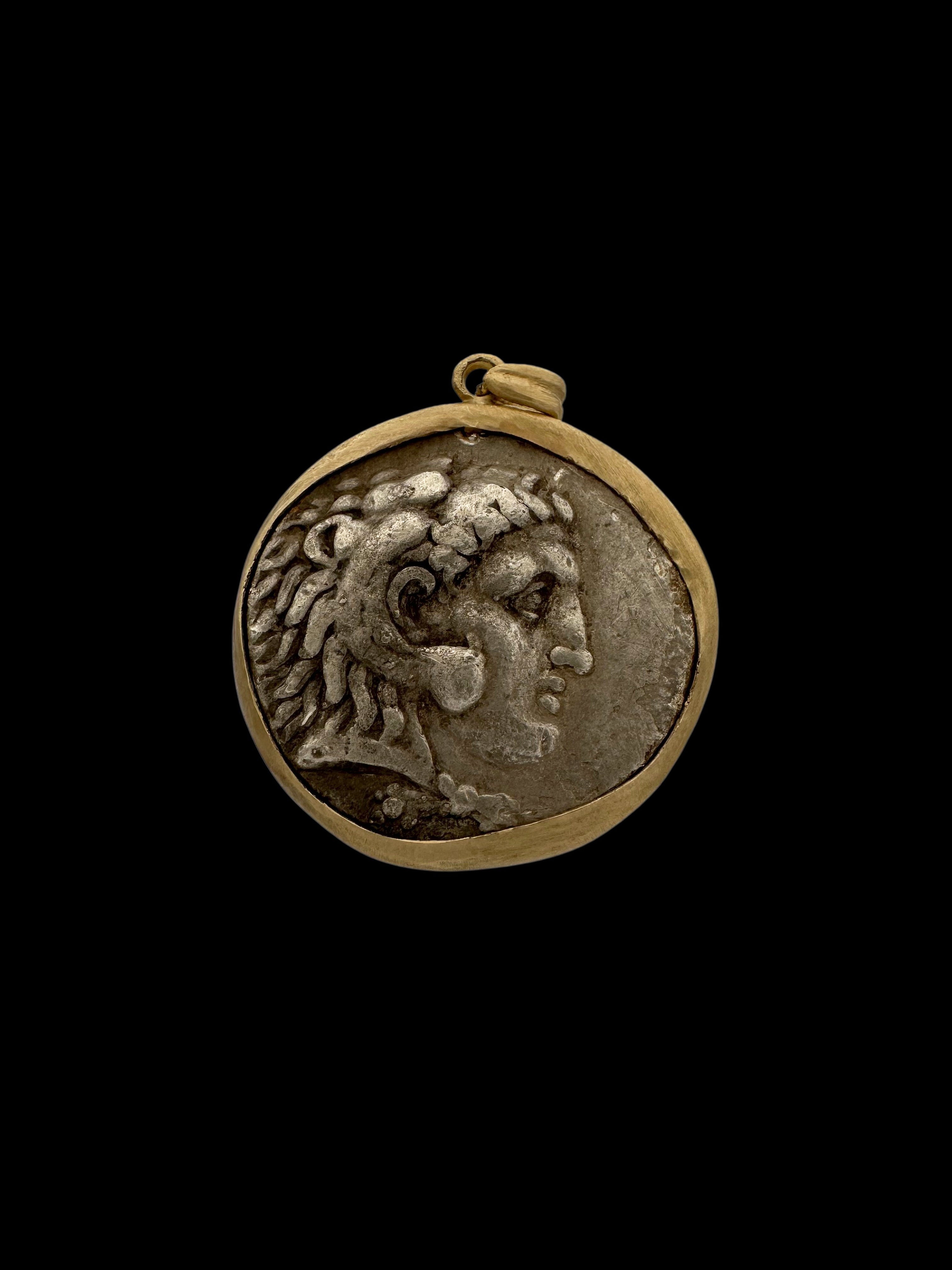 Ancient Alexander the Great Tetradrachm Coin Set in 14K Gold Pendant