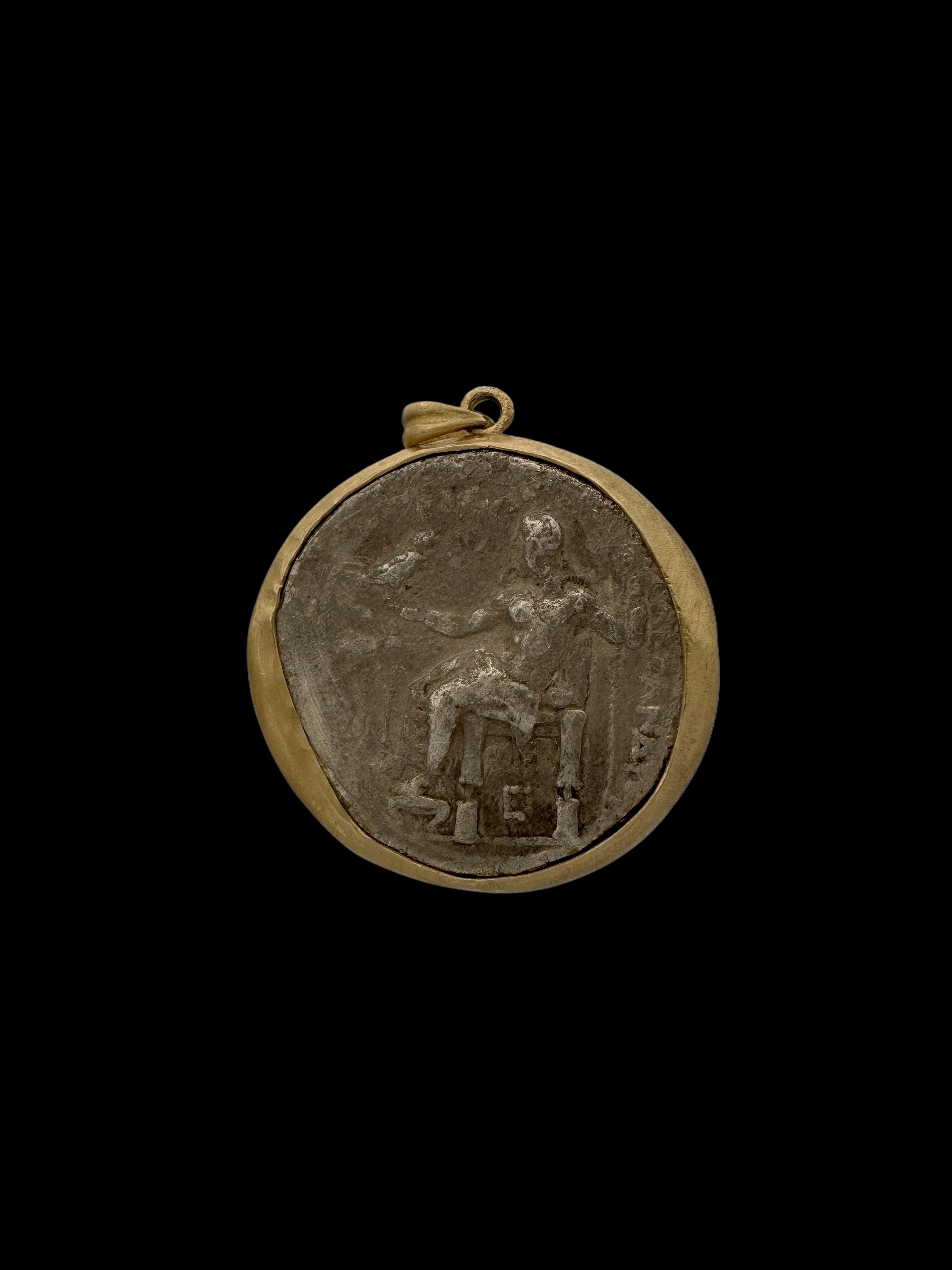 Ancient Alexander the Great Tetradrachm Coin Set in 14K Gold Pendant
