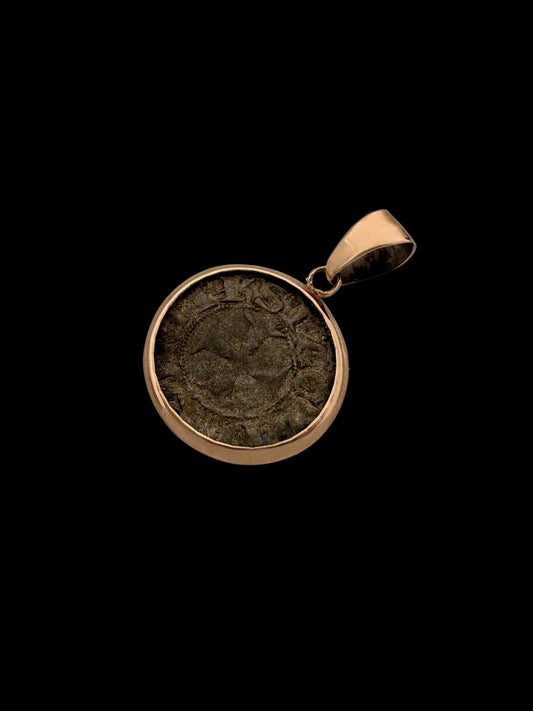 Ancient Crusader Kingdom of Jerusalem Cross Coin Set in 14k Rose Gold Pendant