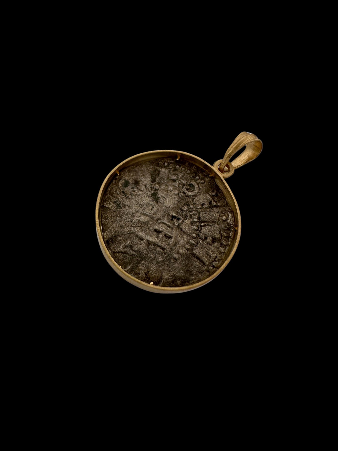 Ancient Crusader Kingdom of Jerusalem Cross Coin Set in 14k Brushed Gold Pendant