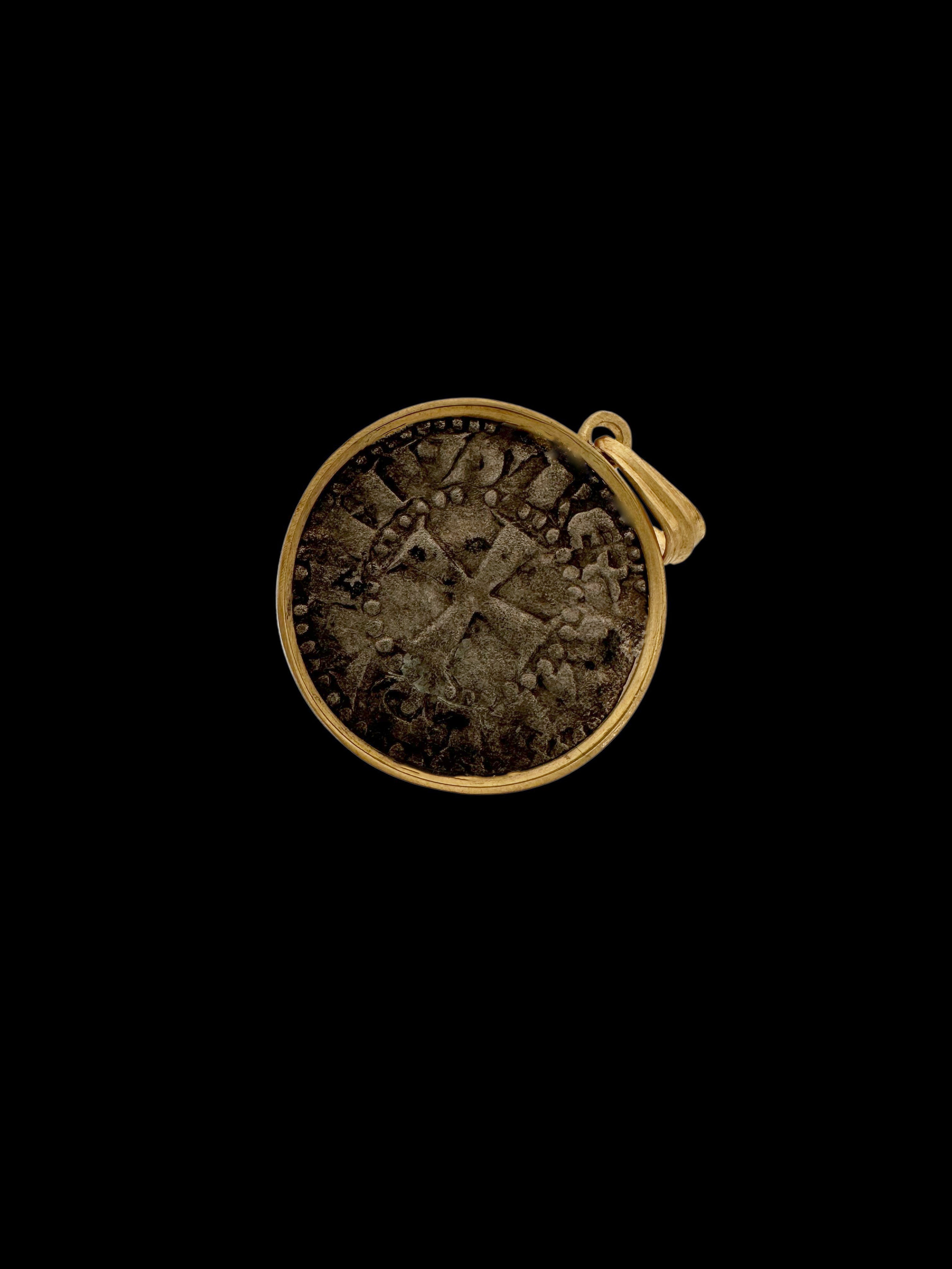 Ancient Crusader Kingdom of Jerusalem Cross Coin Set in 14k Brushed Gold Pendant