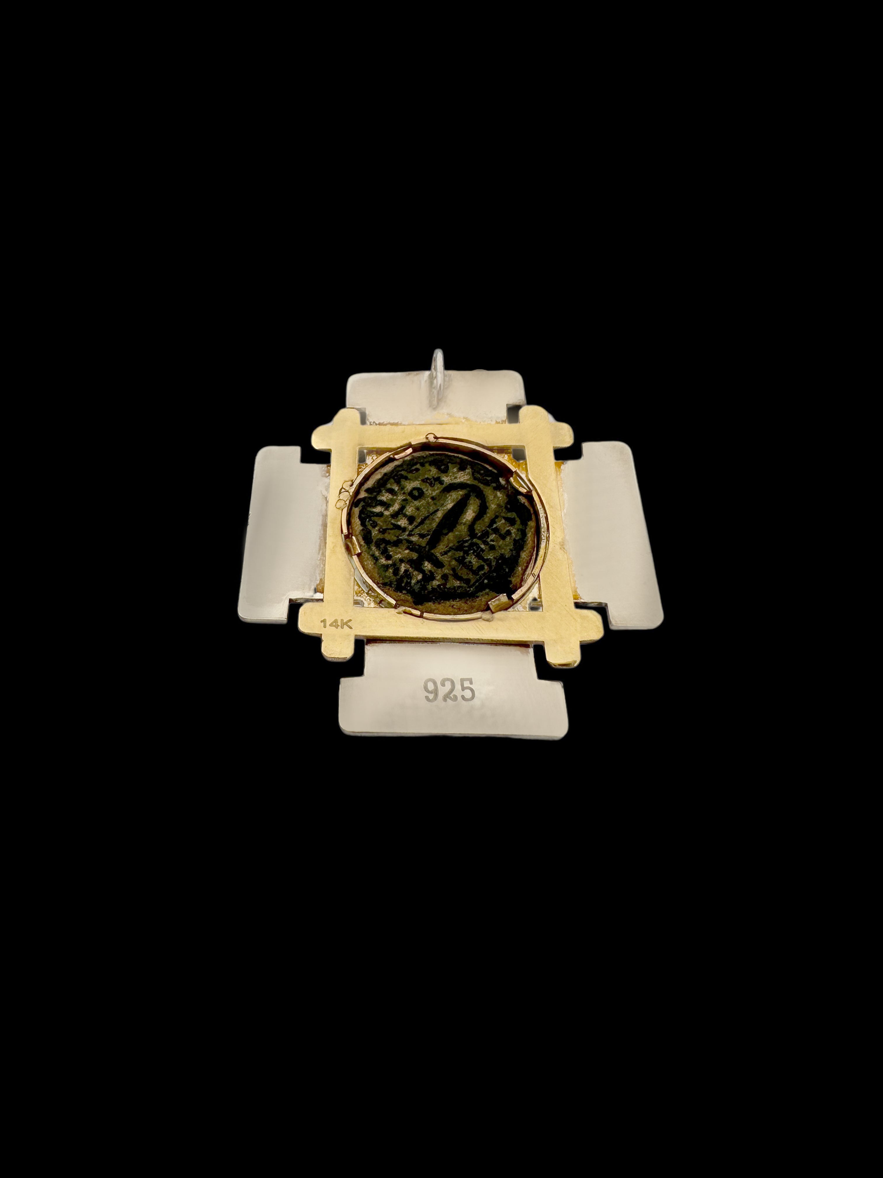 Ancient Lily of Jerusalem Coin Set in 14k Gold & Silver Jerusalem Cross Pendant