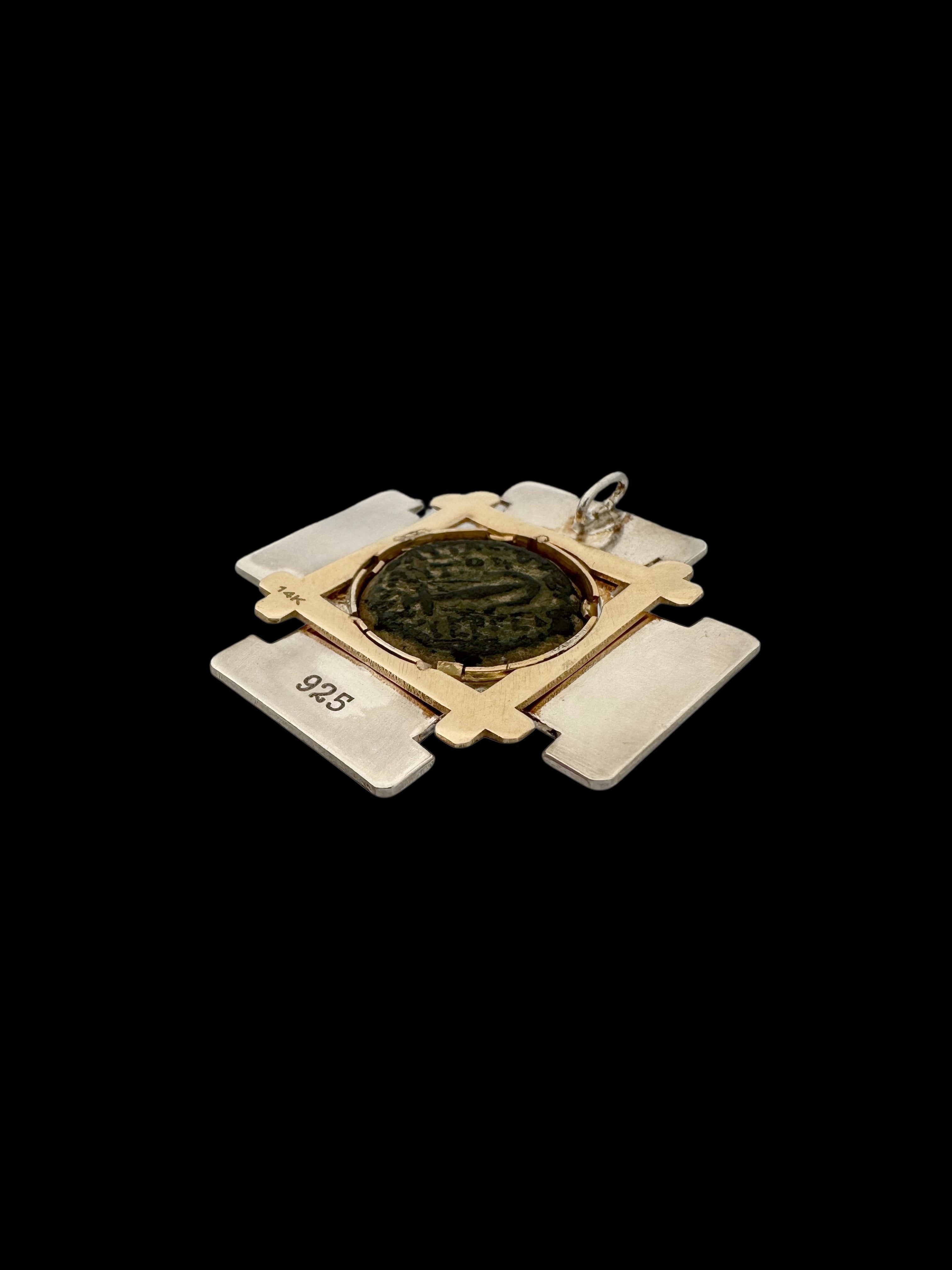 Ancient Lily of Jerusalem Coin Set in 14k Gold & Silver Jerusalem Cross Pendant