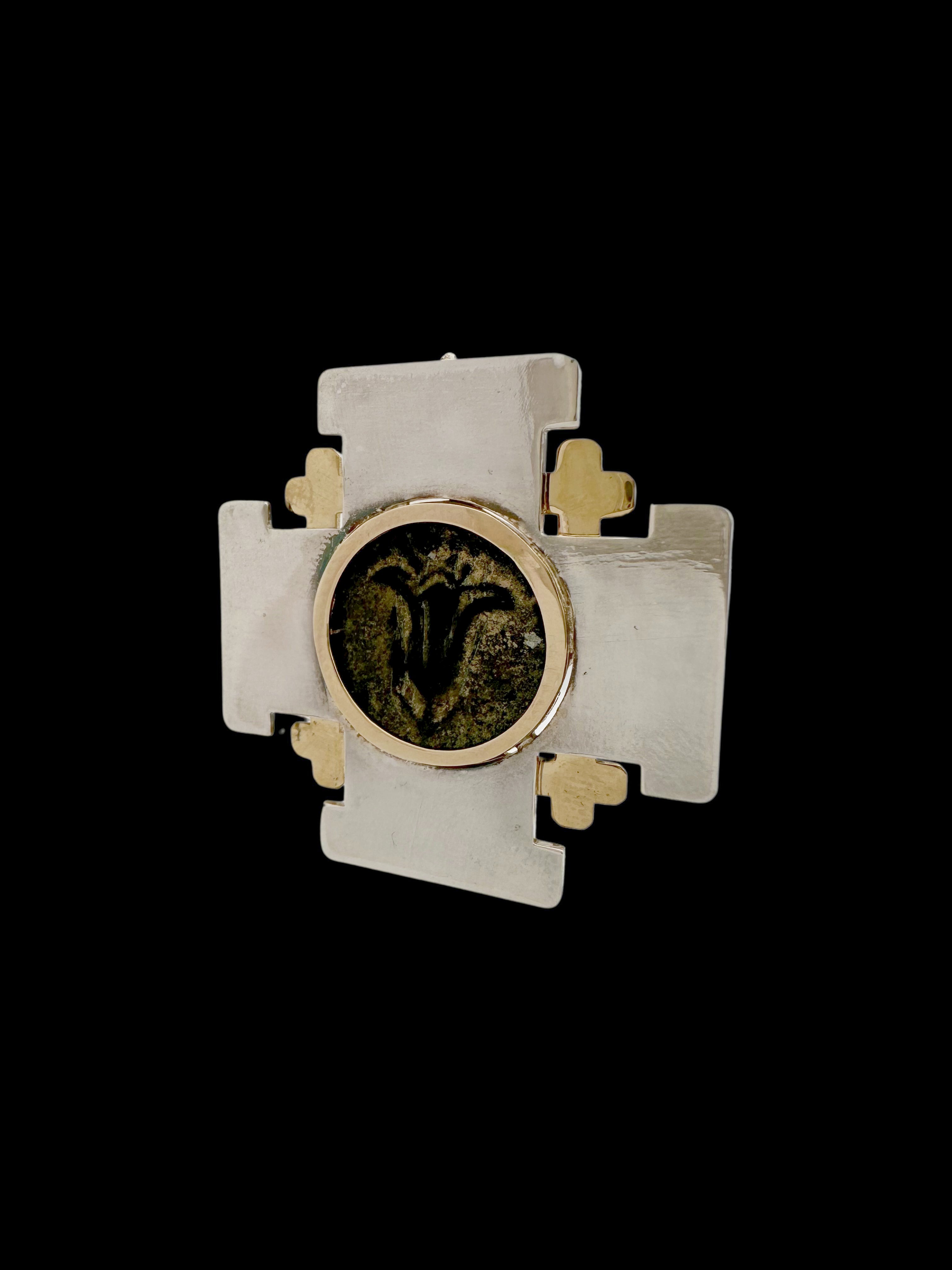 Ancient Lily of Jerusalem Coin Set in 14k Gold & Silver Jerusalem Cross Pendant