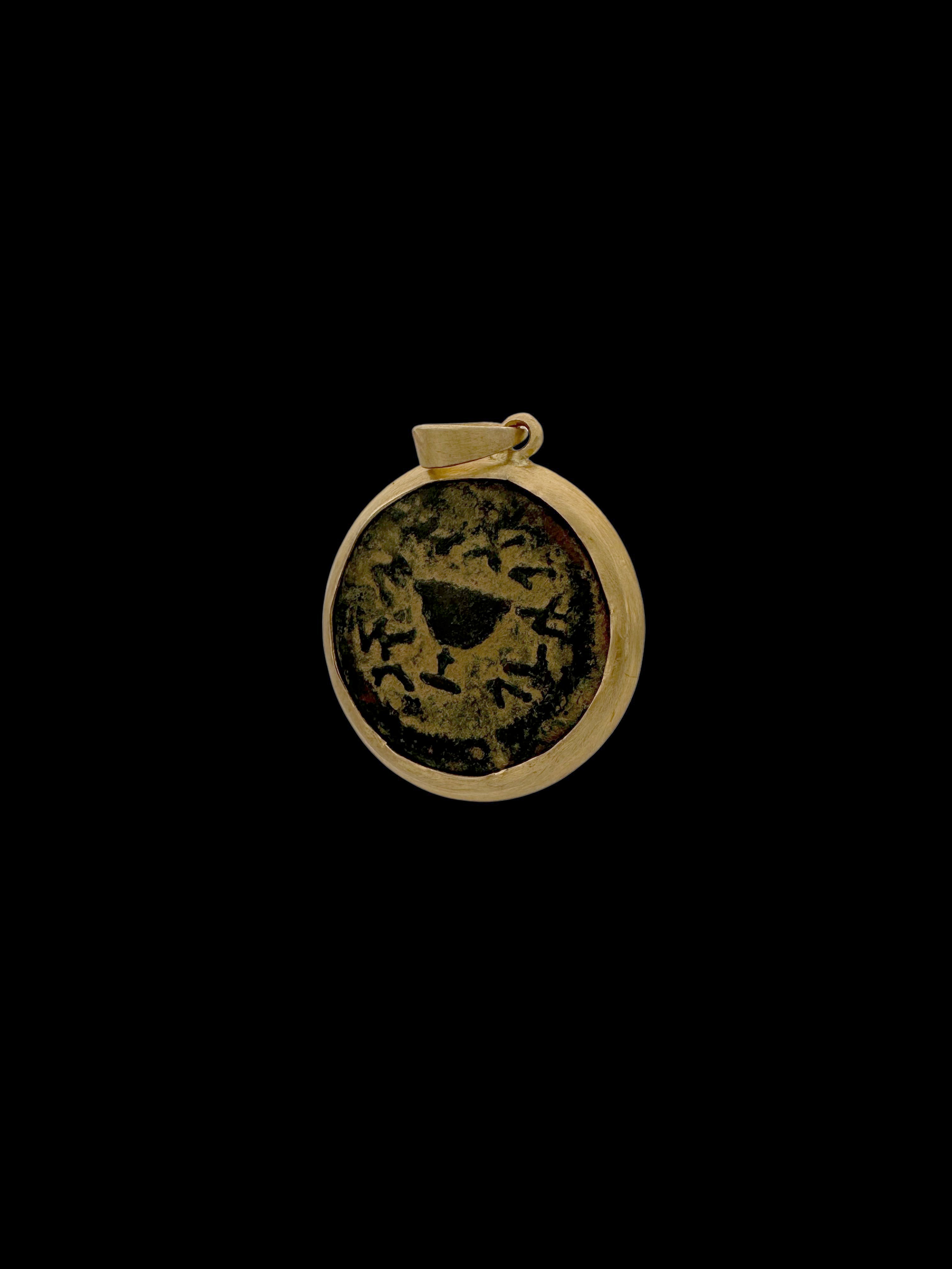 Ancient One-eighth bronze shekel of the Jewish Revolt Coin set in 14k Gold Pendant