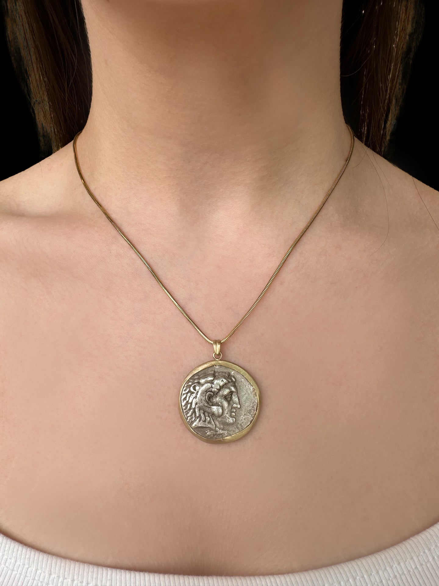 Ancient Alexander the Great Tetradrachm Coin Set in 14K Gold Pendant