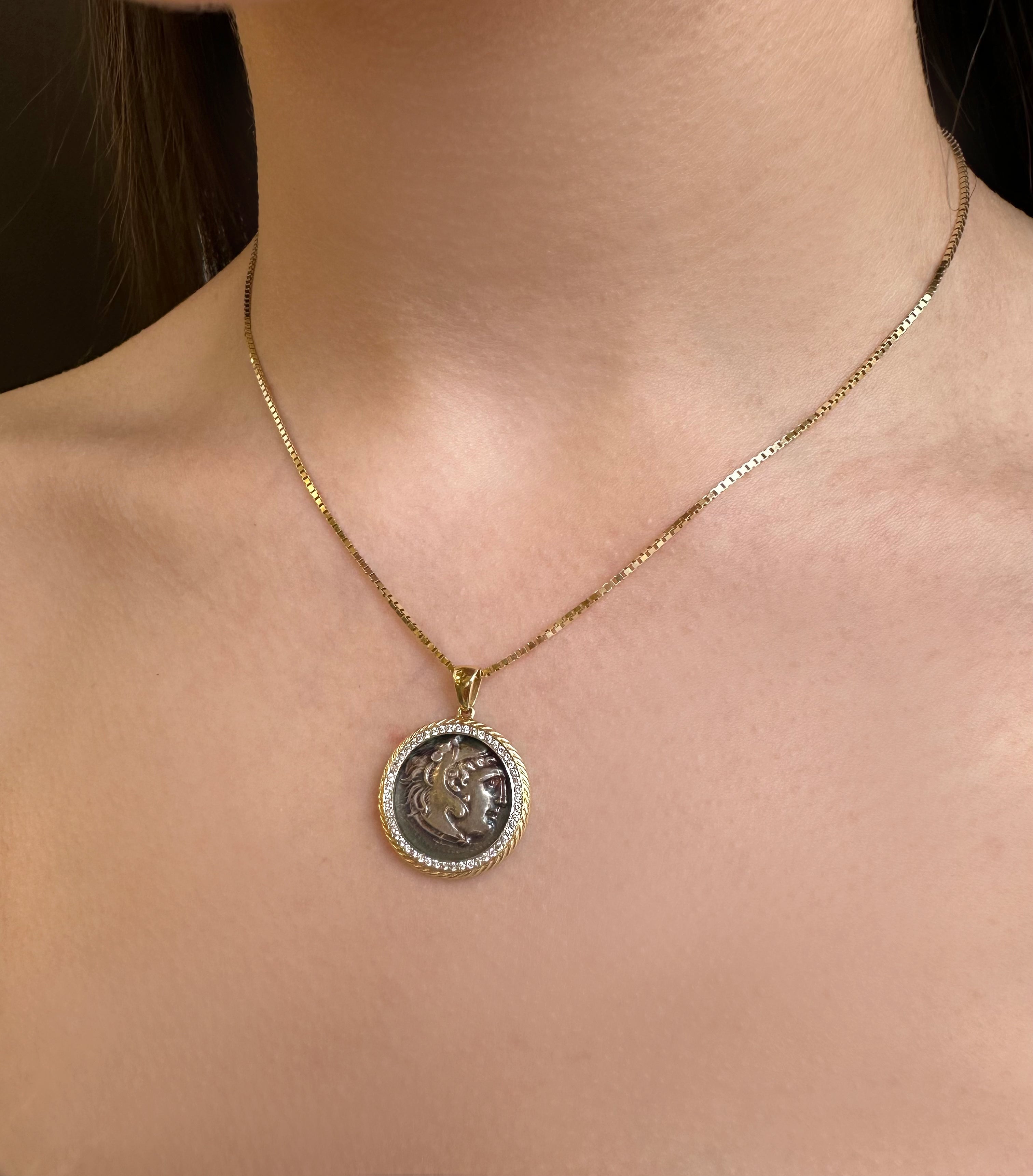 Ancient Alexander the Great Coin Set in 14K Gold & Diamond Pendant
