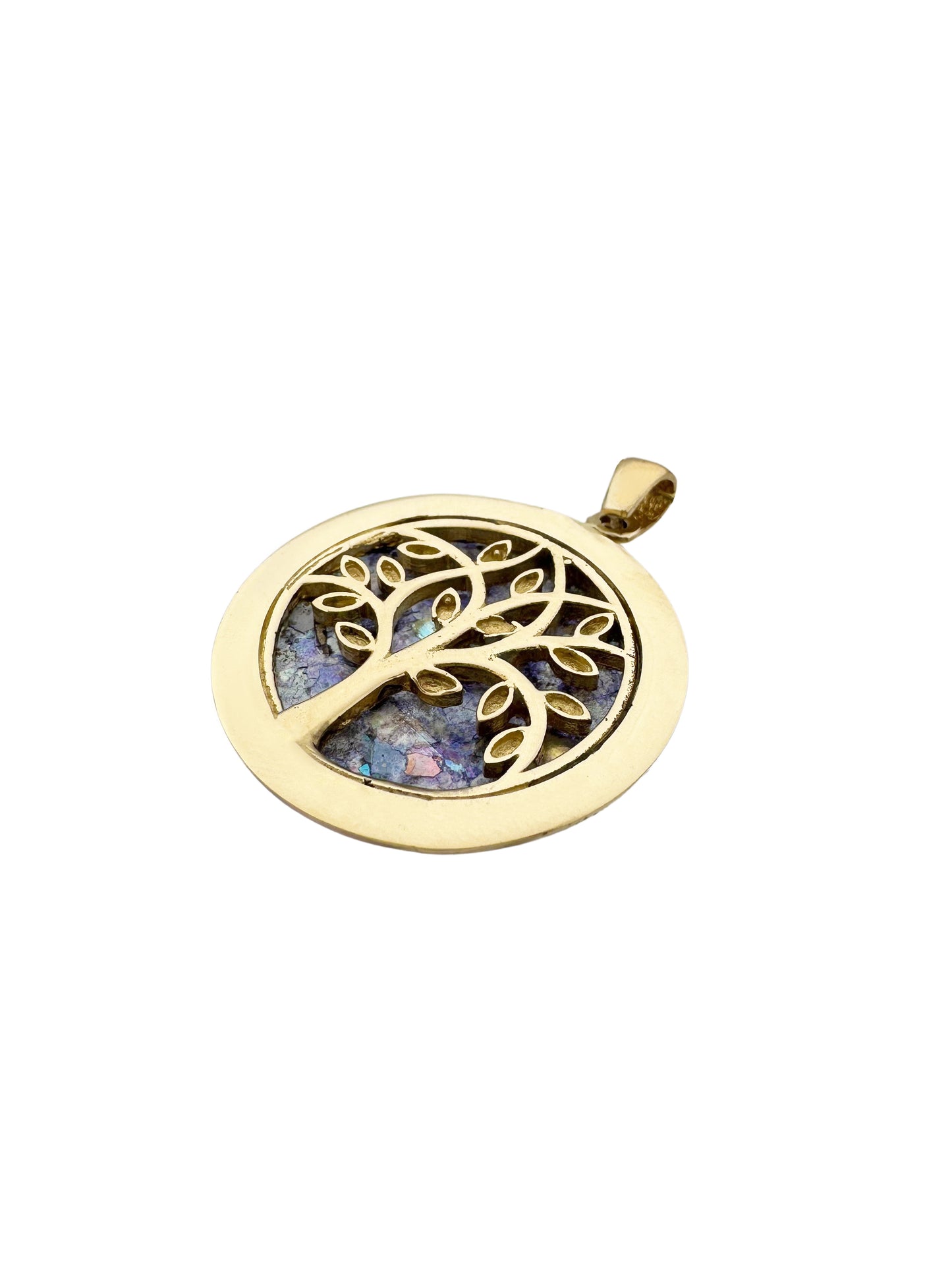 14K Gold Tree of Life pendant with ancient Roman Glass