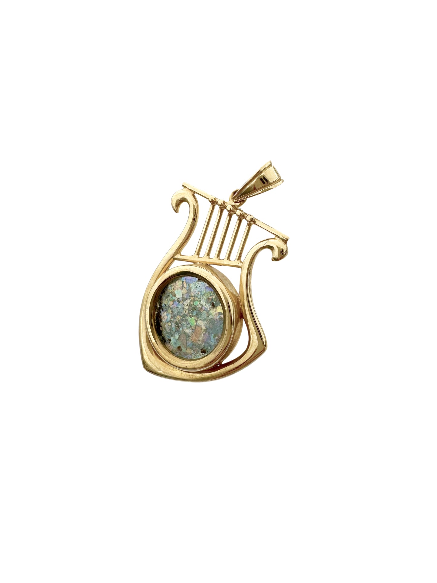 14K Gold Harp of David with ancient Roman Glass.