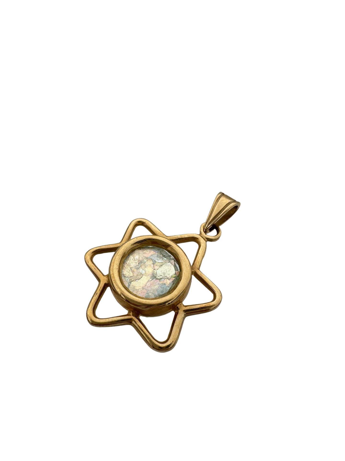 14K Gold Star of David Pendant with ancient Roman Glass