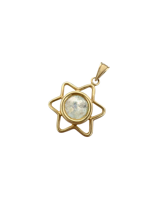 14K Gold Star of David Pendant with ancient Roman Glass