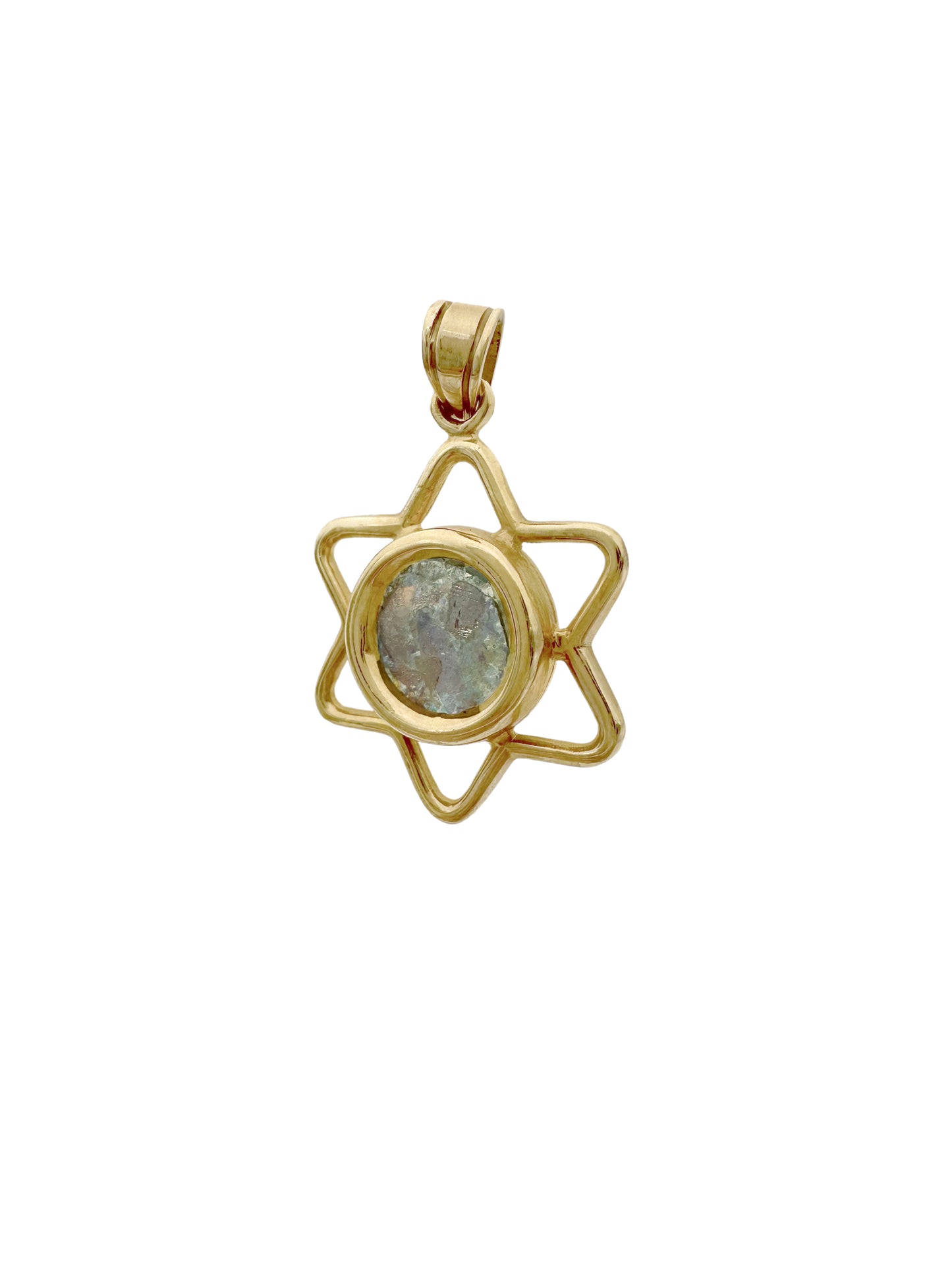 14K Gold Star of David Pendant with ancient Roman Glass