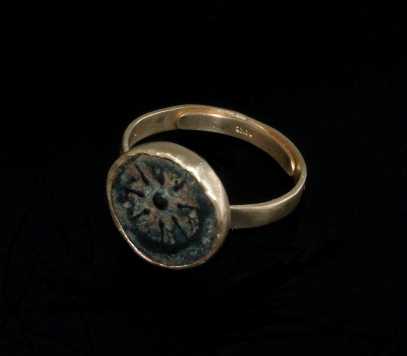 Bronze Widow's Mite Coin Set In 14K Gold Ring