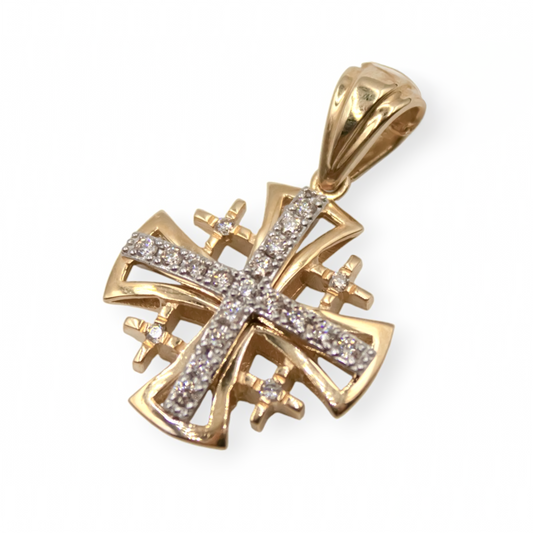 14K Gold Jerusalem Cross Pendant with 21 Natural Diamonds