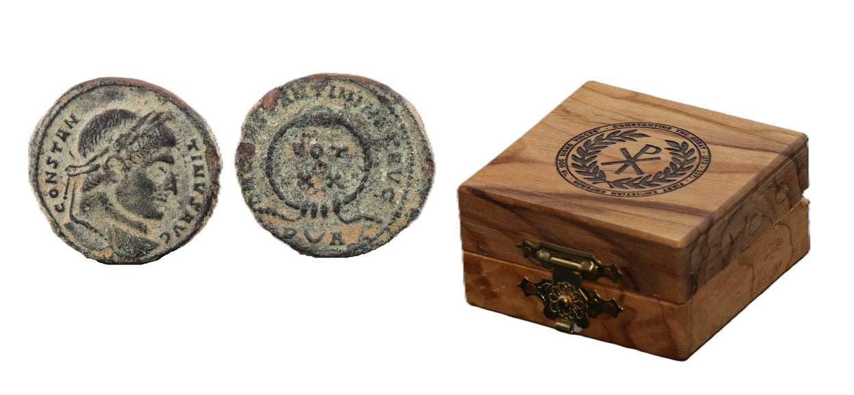 Authentic Ancient Roman Bronze Coin of Emperor Constantine I (c. 330 AD) in Handcrafted Olive Wood Gift Box