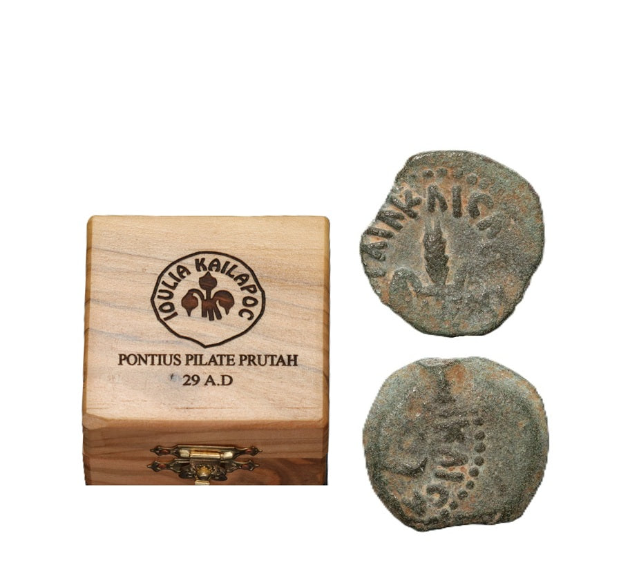 Authentic Pontius Pilate "Iulia Kailapoc" (Julia Augusta) Bronze Prutah Coin (29 A.D.) in Olive Wood Box