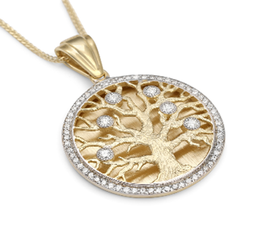 Deluxe 14K Gold Diamond-Studded Round Tree of Life Pendant with Diamond Border