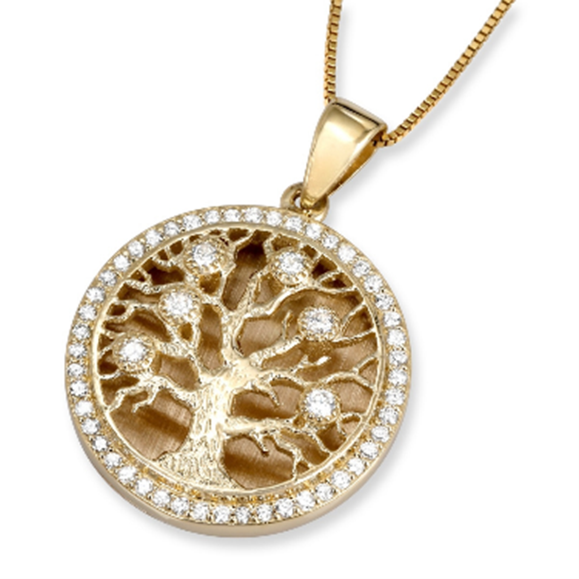 Deluxe 14K Gold Diamond-Studded Round Tree of Life Pendant with Diamond Border