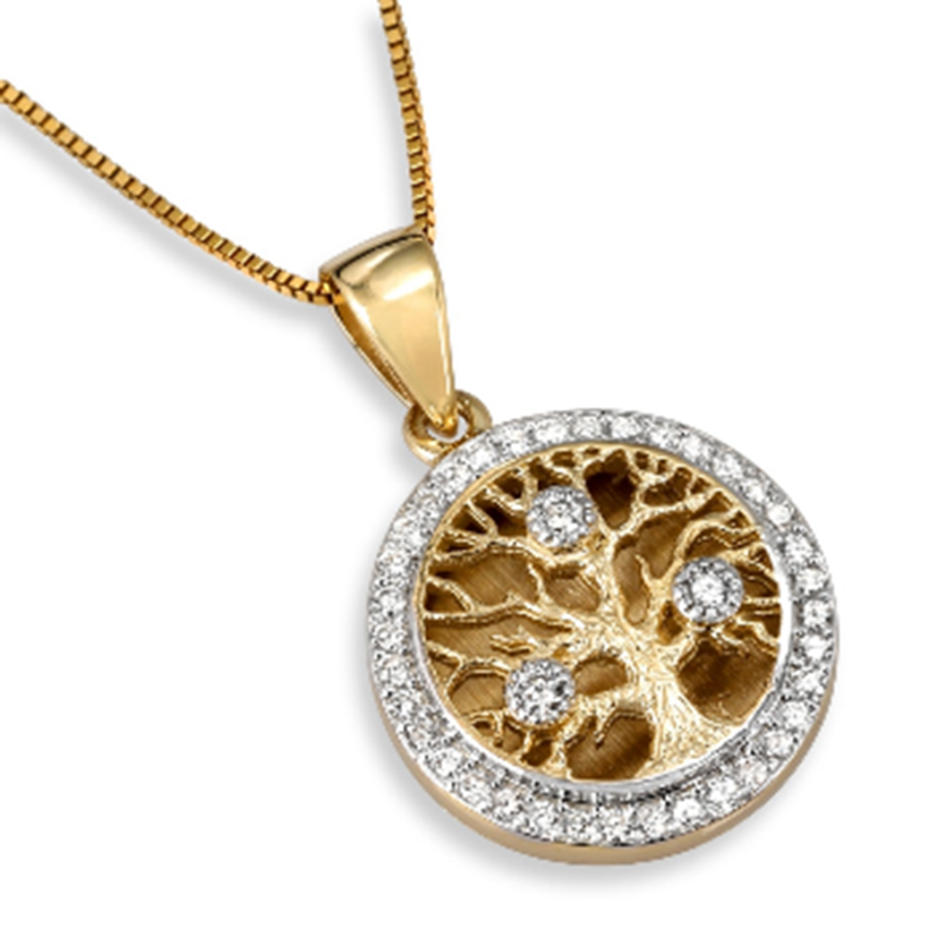 14K Gold Diamond-Studded Round Tree of Life Pendant with Diamond Border