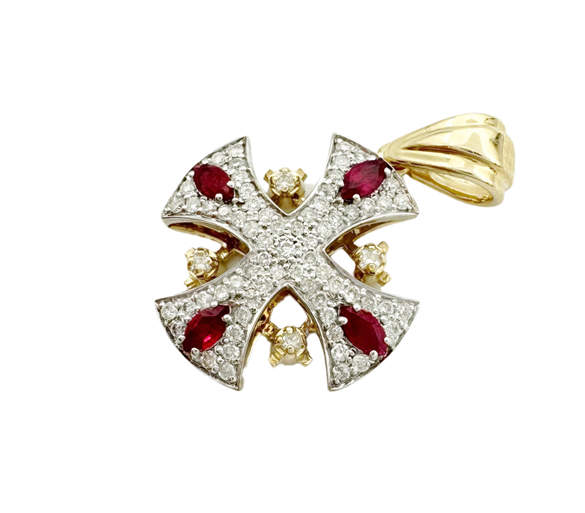 14K Gold Jerusalem Cross Diamond Necklace with Ruby Stones