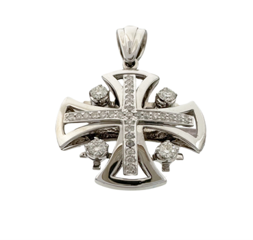 14K White Gold Jerusalem Cross Pendant with 33 Diamonds