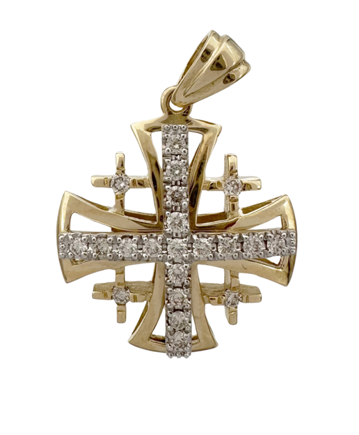 14K Yellow Gold and Diamond Splayed Jerusalem Cross Pendant with 21 Diamonds