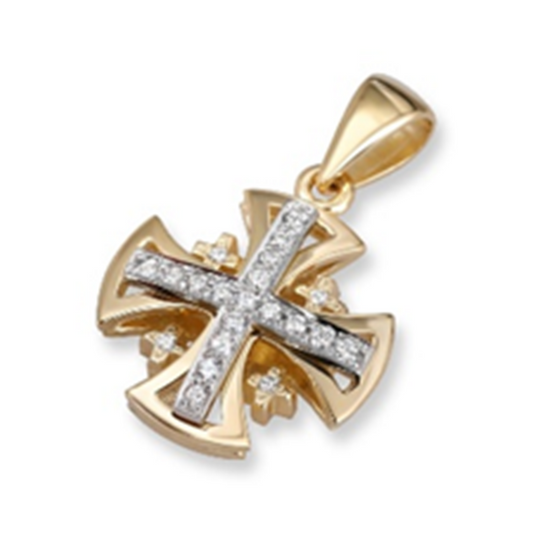 14K Yellow Gold and Diamond Splayed Jerusalem Cross Pendant with 21 Diamonds