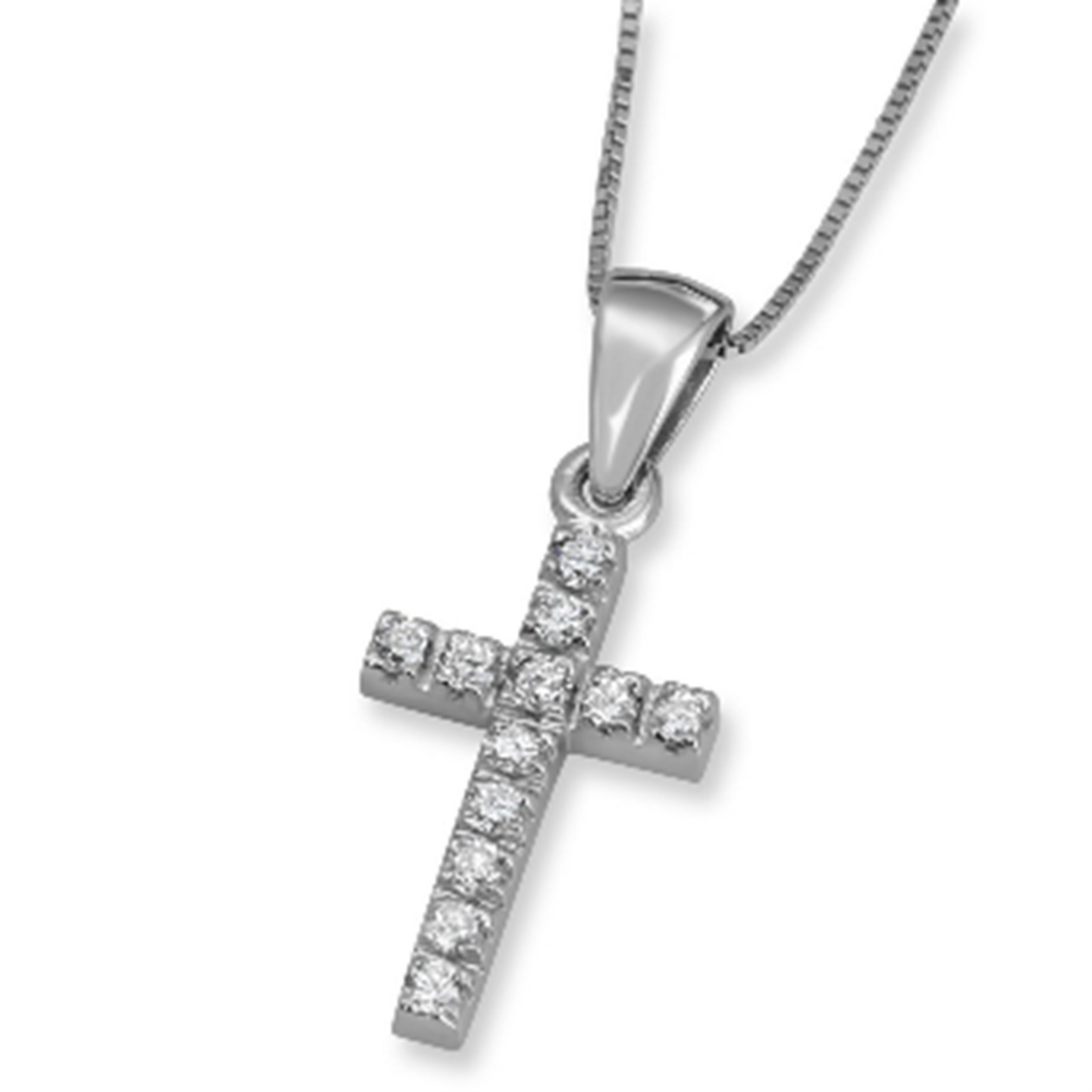 14K White Gold and Diamond Classic Cross Pendant with 12 Diamonds