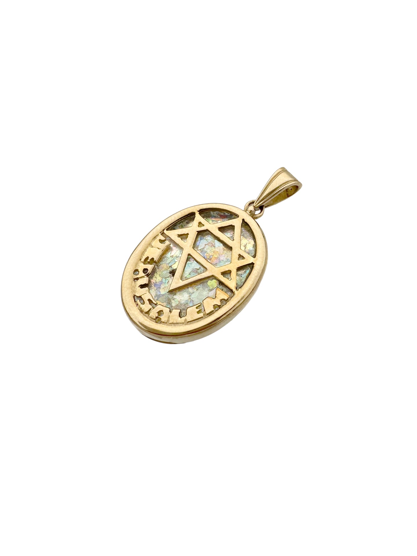 14k Gold Star of David Circle Pendant with Roman Glass