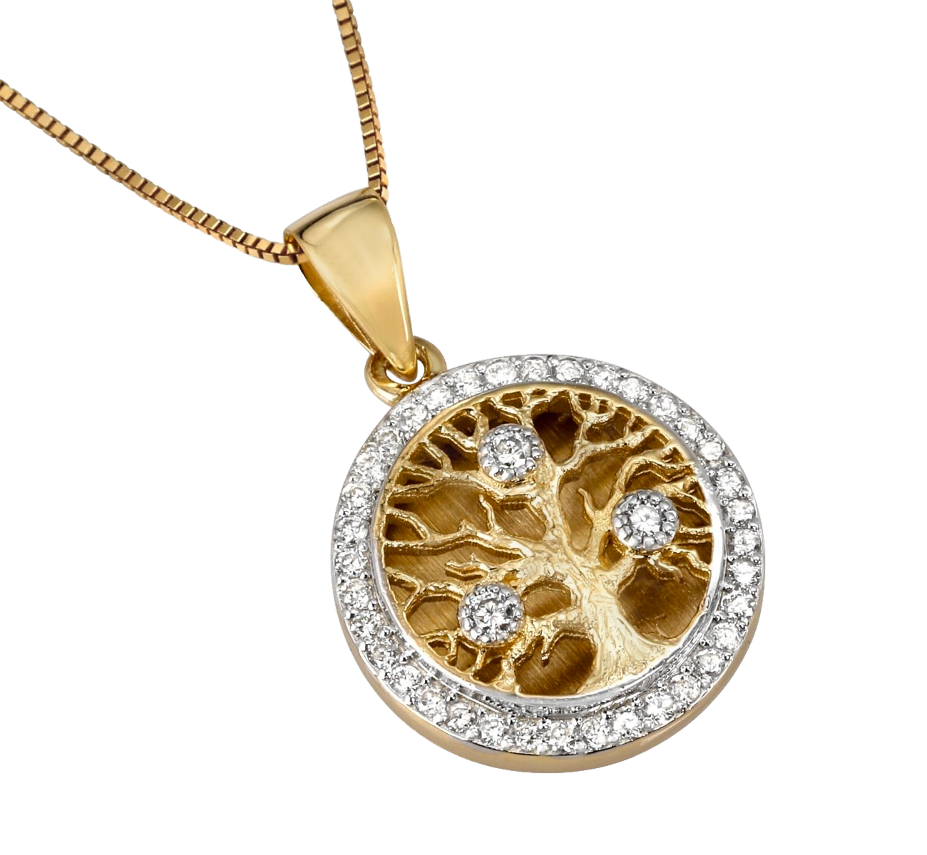 14K Gold Diamond-Studded Round Tree of Life Pendant with Diamond Border