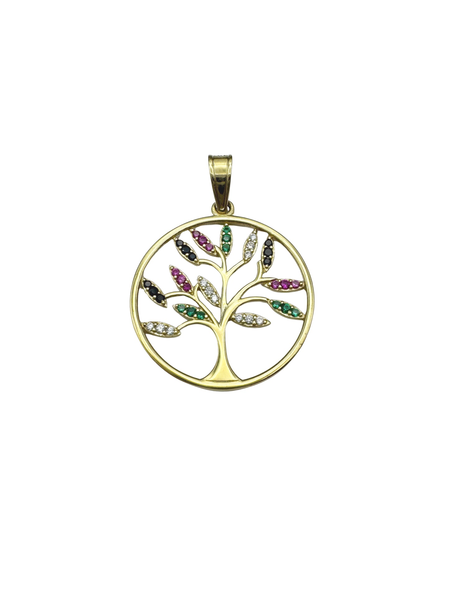 14K Gold Tree of Life Pendant with Multicolored Crystals