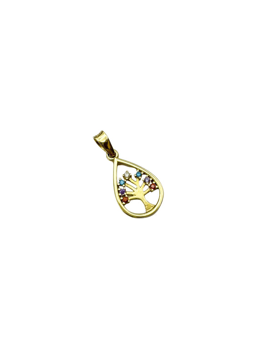 14K Gold Tree of Life Pendant with Crystals – Teardrop Design
