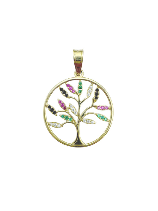 14K Gold Tree of Life Pendant with Multicolored Crystals