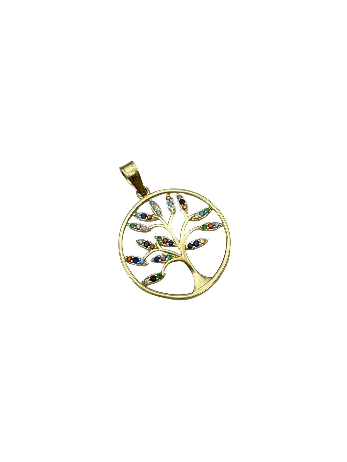 14K Gold Tree of Life Pendant with Multicolored Crystals