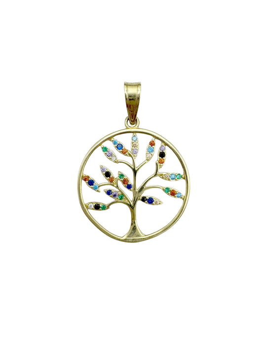 14K Gold Tree of Life Pendant with Multicolored Crystals