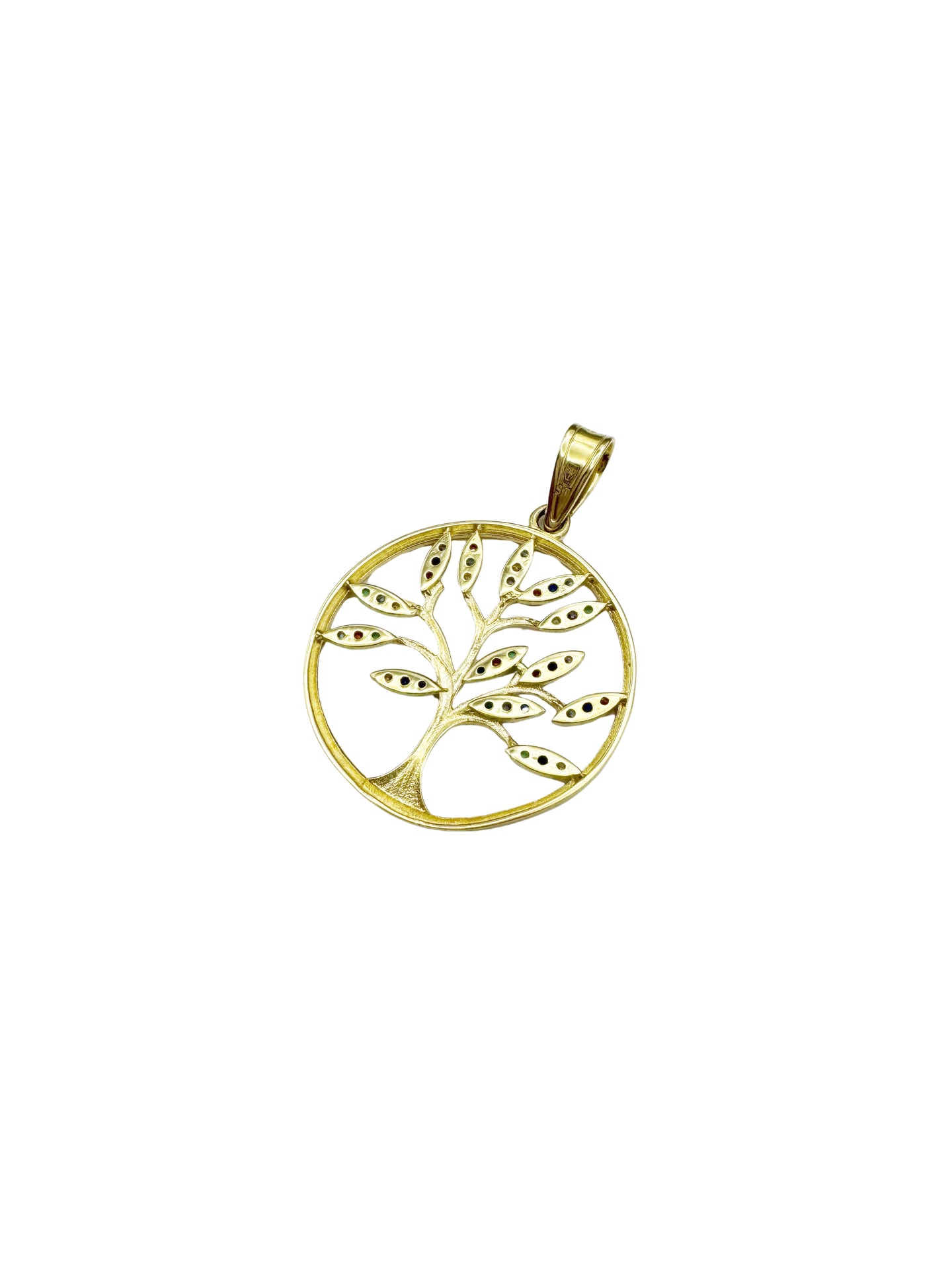14K Gold Tree of Life Pendant with Multicolored Crystals