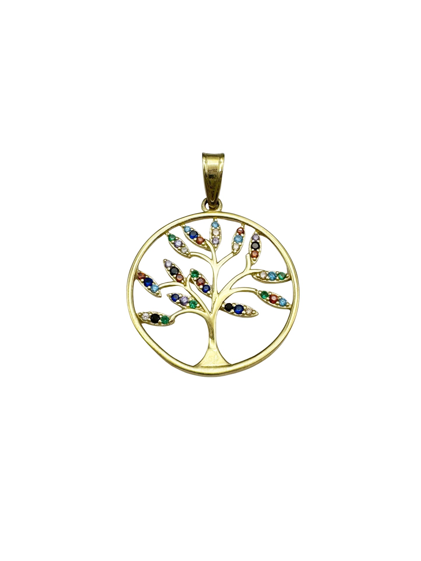 14K Gold Tree of Life Pendant with Multicolored Crystals