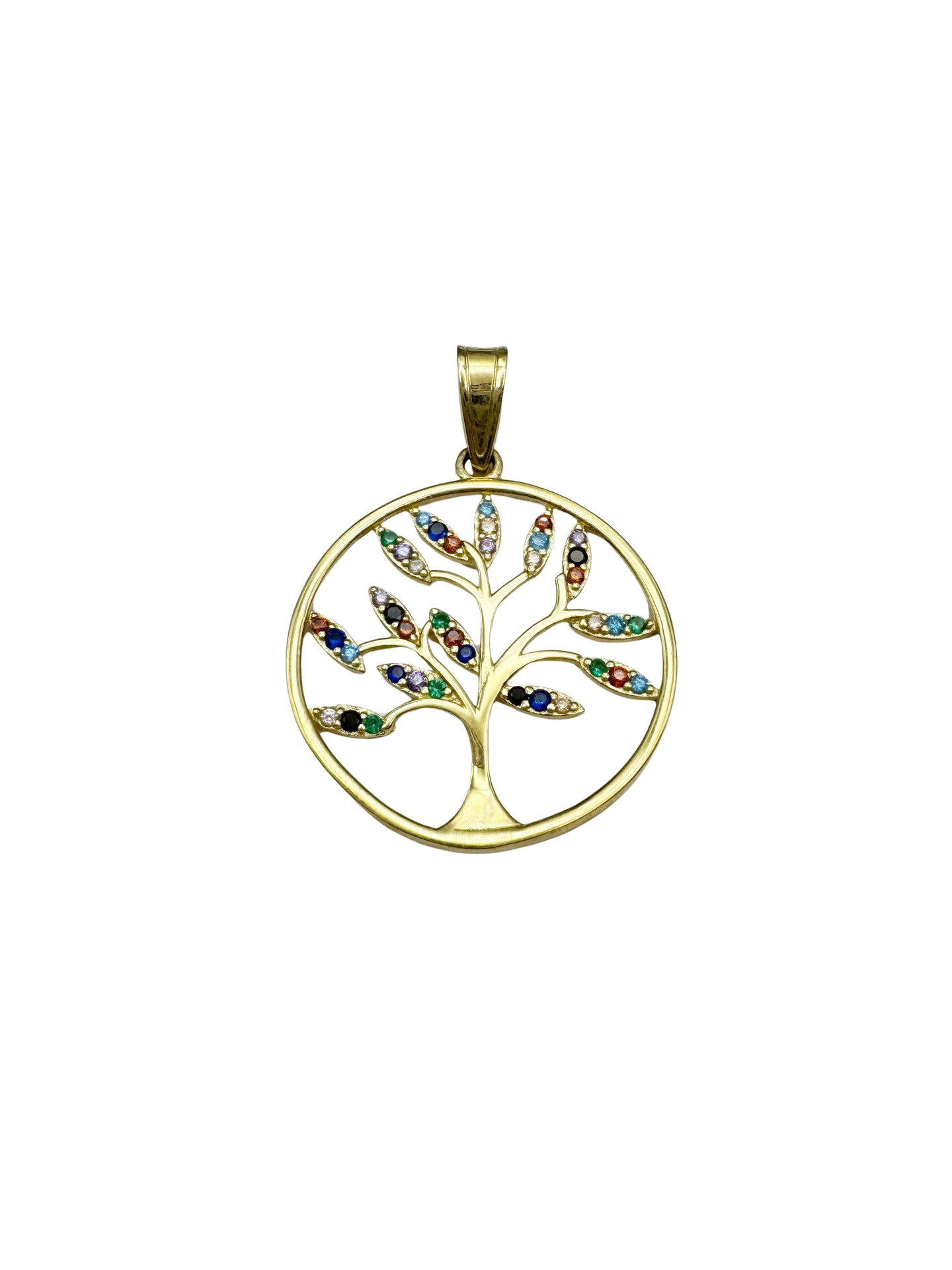 14K Gold Tree of Life Pendant with Multicolored Crystals